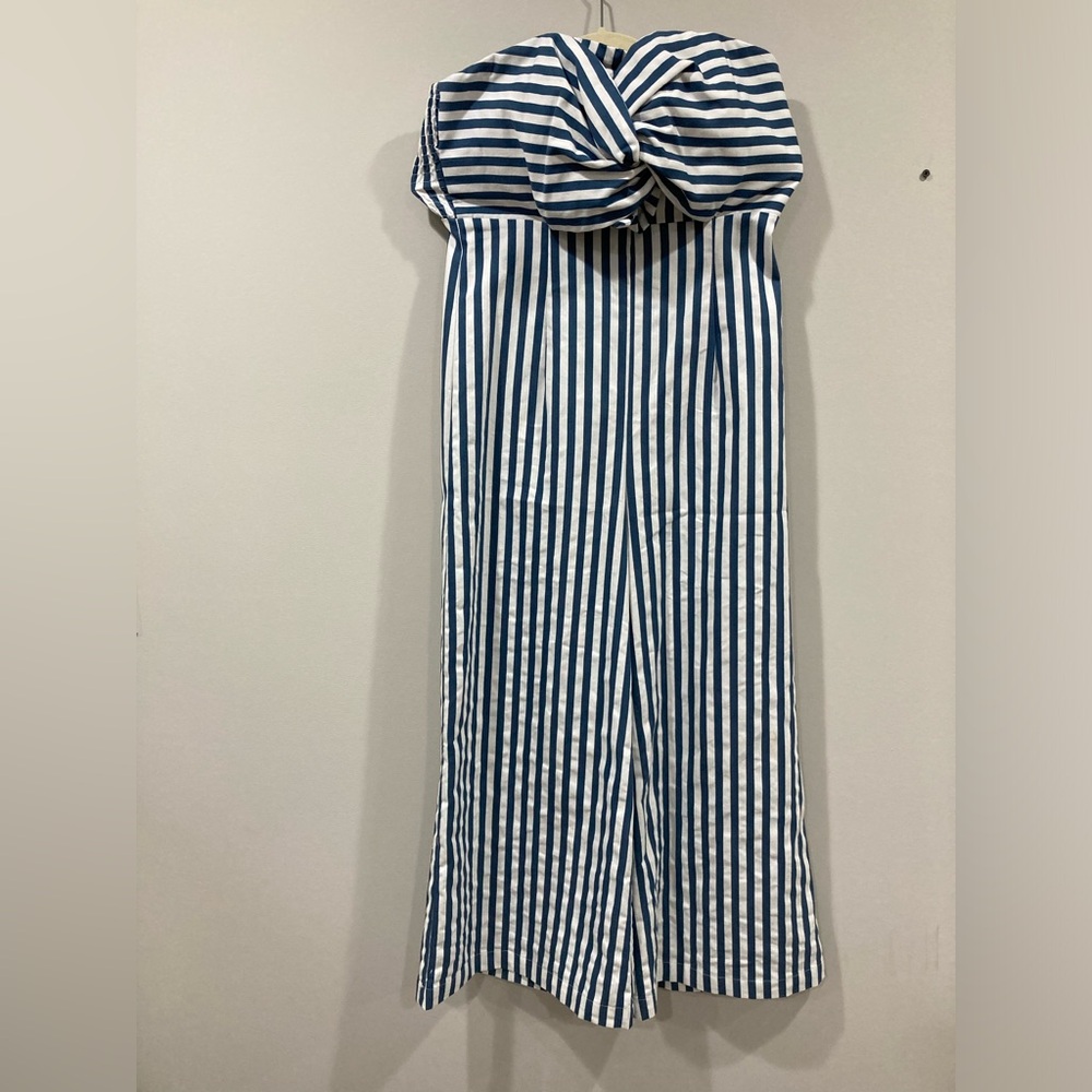 Sugar Lips  Strapless Blue and White Striped Jumpsuit with Bow Detail XS